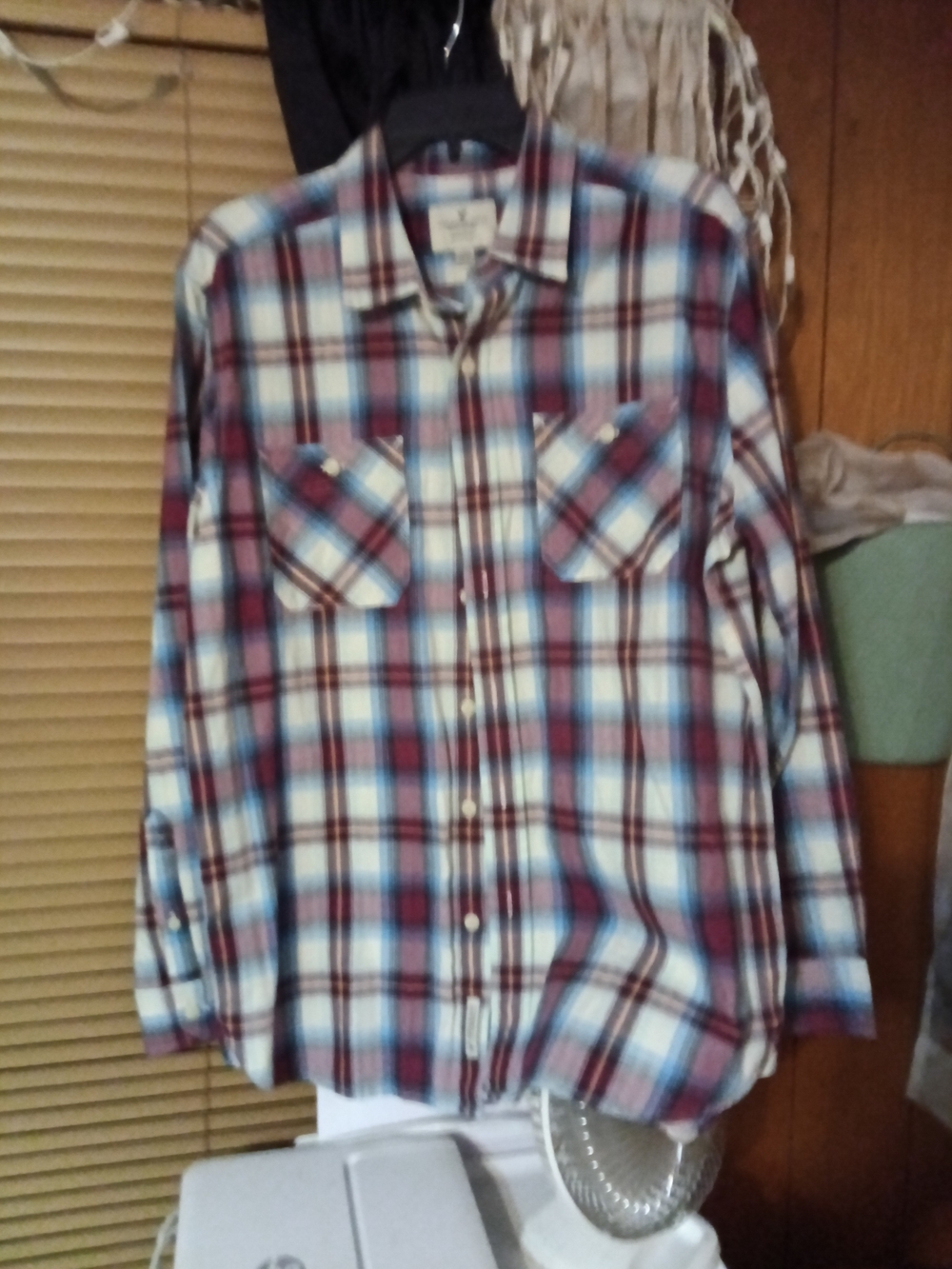 Men's Plaid Button-Up Shirt in Blue and Burgundy